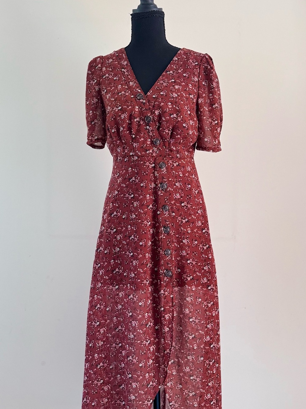 essue Rust Red Floral Midi Dress with Button Front